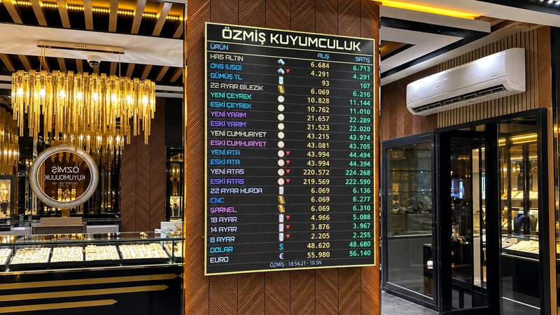 Özmiş Kuyumculuk mağazasında dikey LED fiyat panosu.